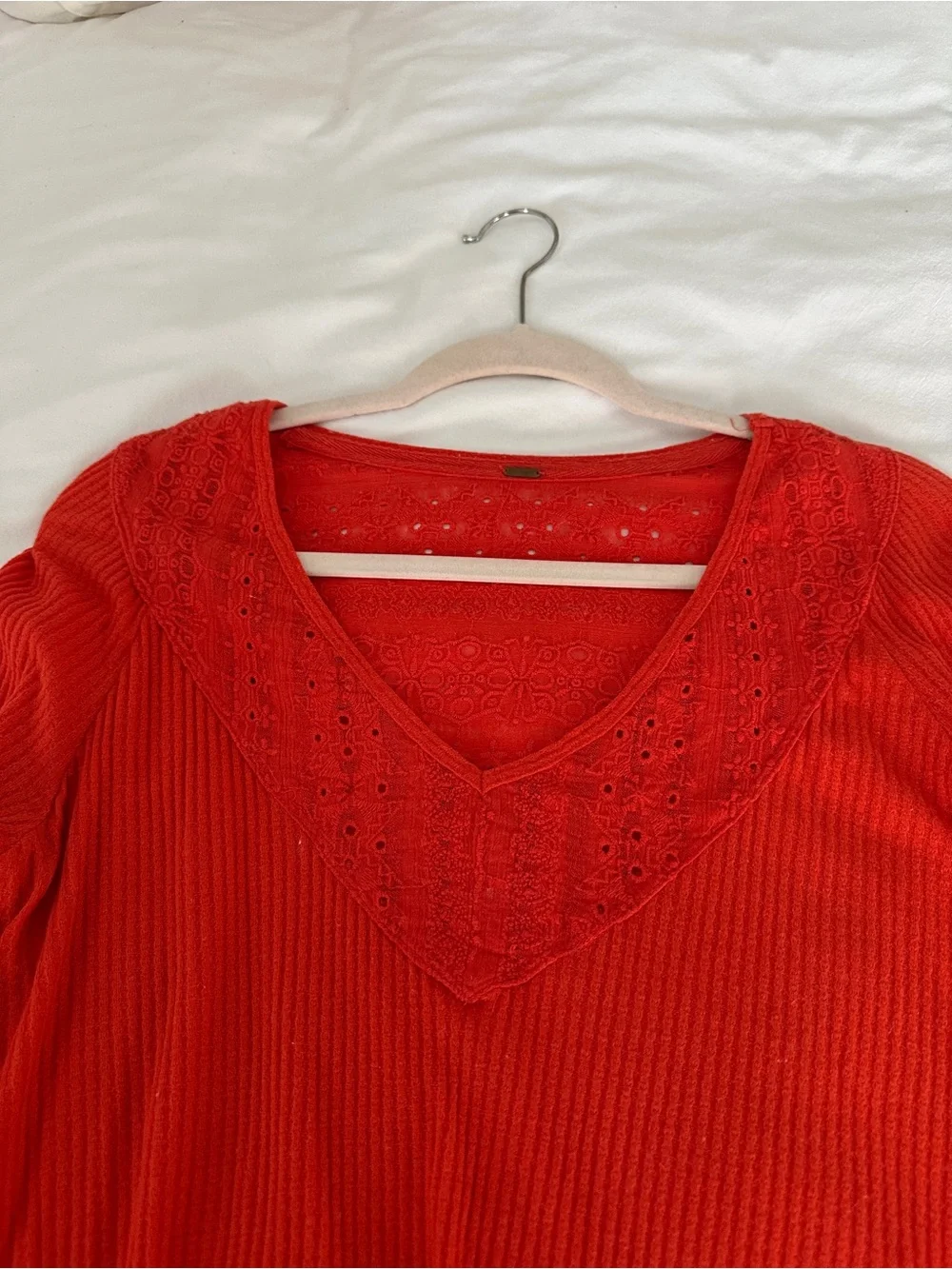 Free People Red/Orange  Lace-Trim V-Neck Bell Sleeve Tunic